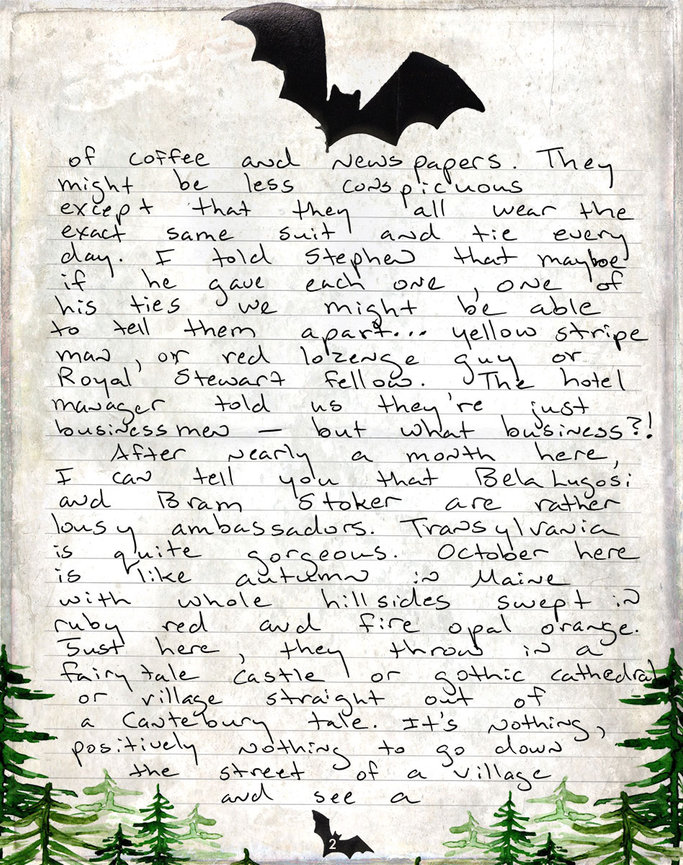 Page two of Katharine’s handwritten Transylvania dispatch, describing watchful strangers, autumn scenery and fairy-tale villages.