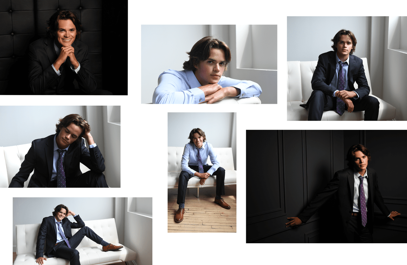 A collage of Jack wearing his suit and tie in a variety of ways during his high school senior photo session in the studio of Kliks Photography.