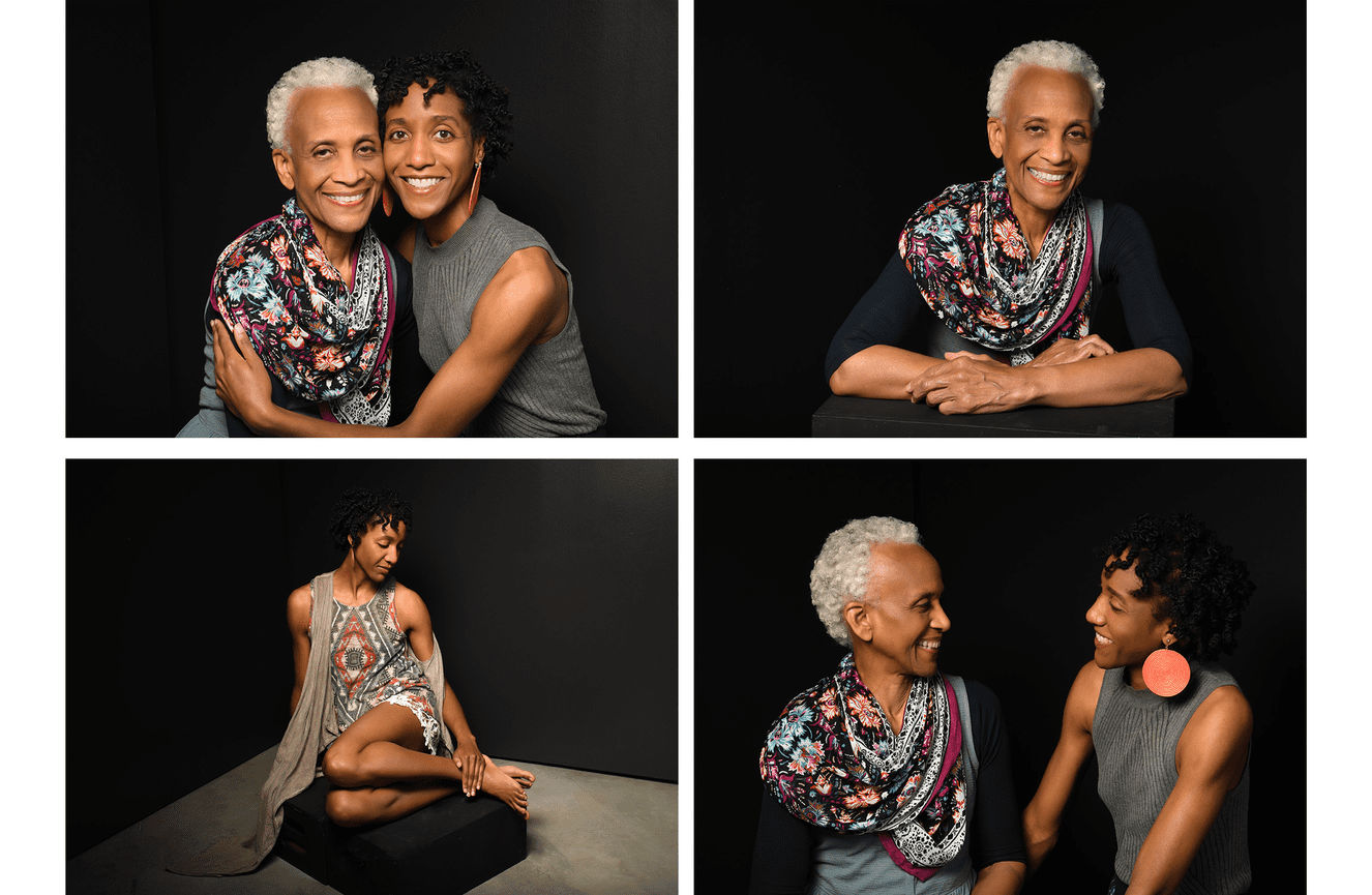 Images of a Jamaican mother and her Jamaican African American daughter wearing brightly colored scarves.