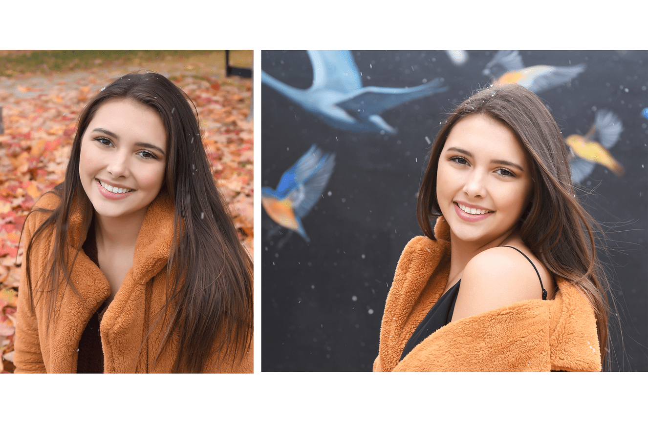 A fresh faced senior girl wearing a fur jacket in autumn leaves and in snowflakes.