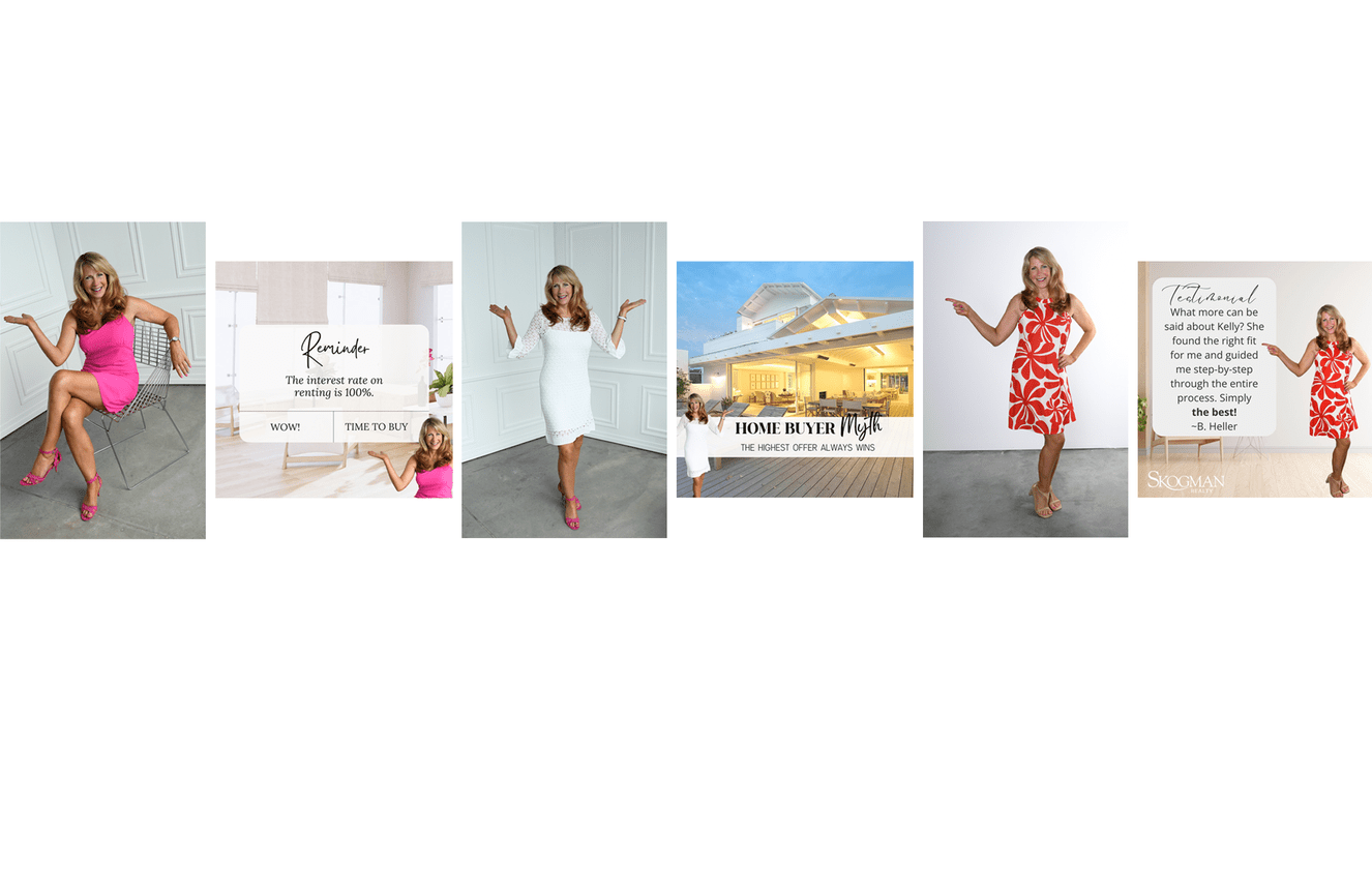 Kelly Bemus business branding images in her social media sales posts along with real estate that she listed..