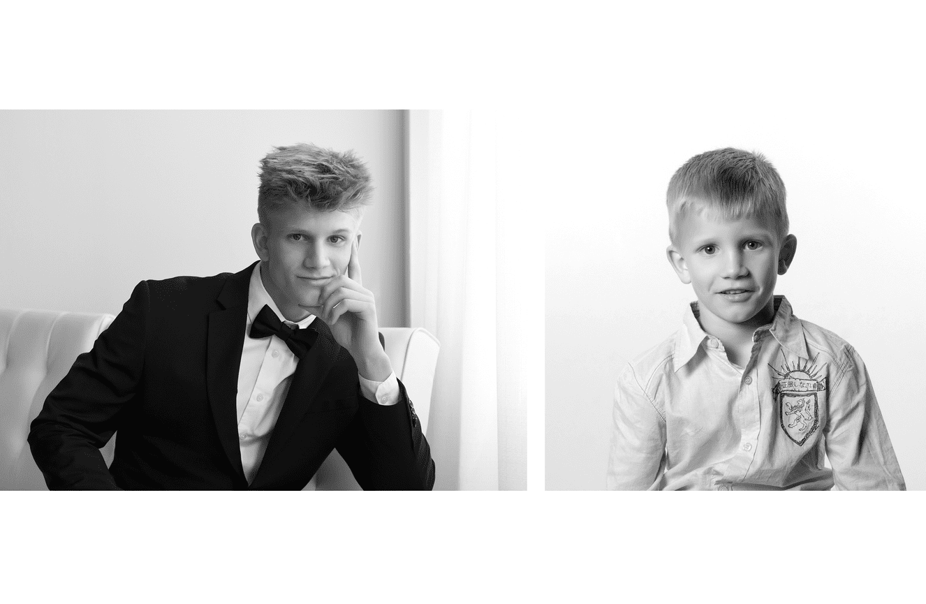 A photo of a young boy and now as a high school senior wearing a tuxedo.