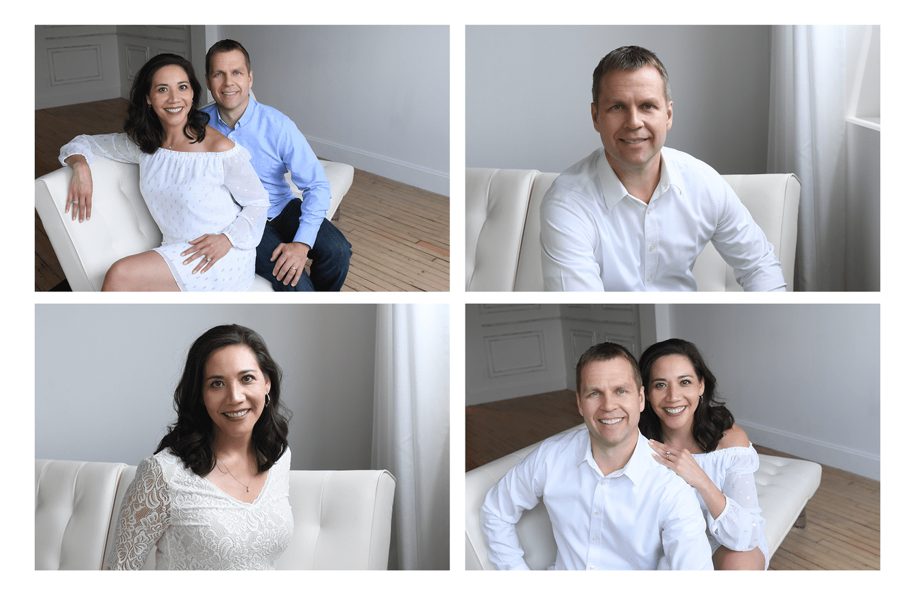 A wife and husband fold up next to each other during a photo shoot to celebrate their 25 year anniversary.