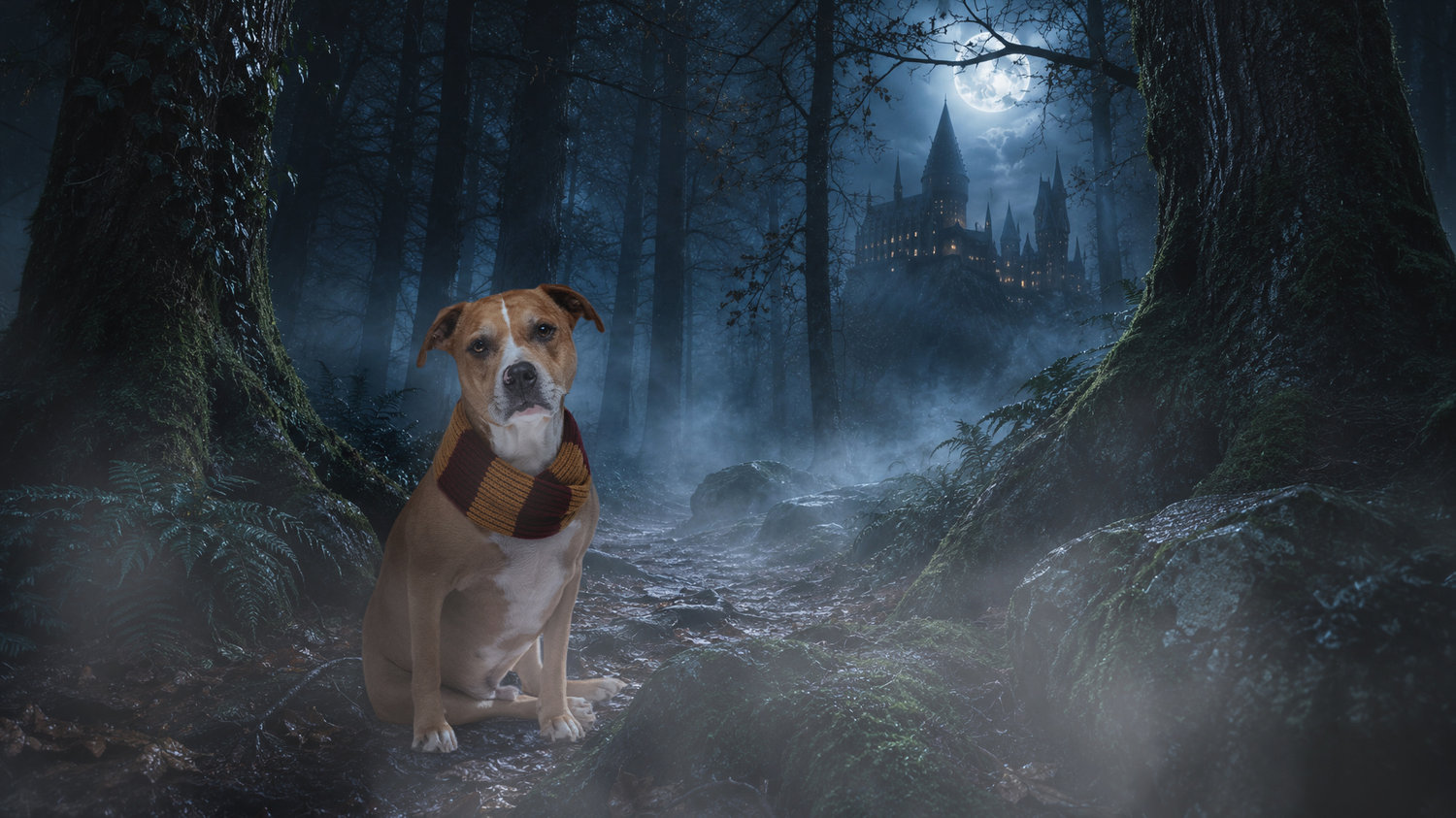 Wizarding World pet portrait with enchanted castle